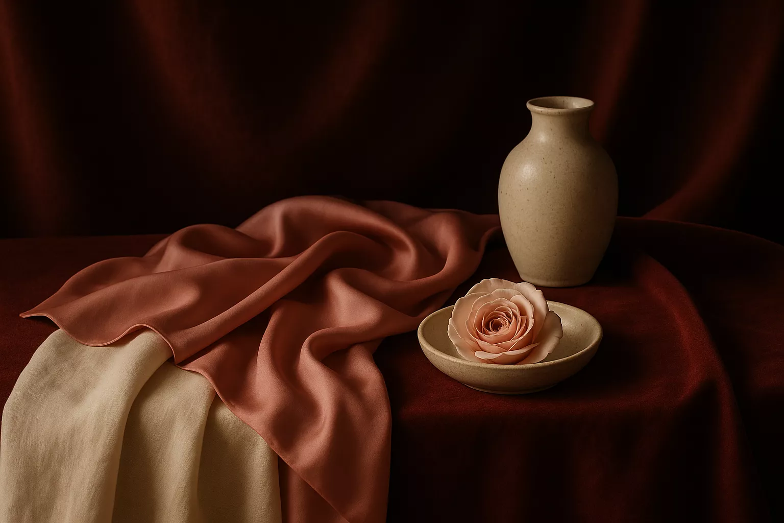 Nature morte élégante avec textiles bordeaux et ivoire, éclairage cinématographique chaud et accessoires de maison raffinés